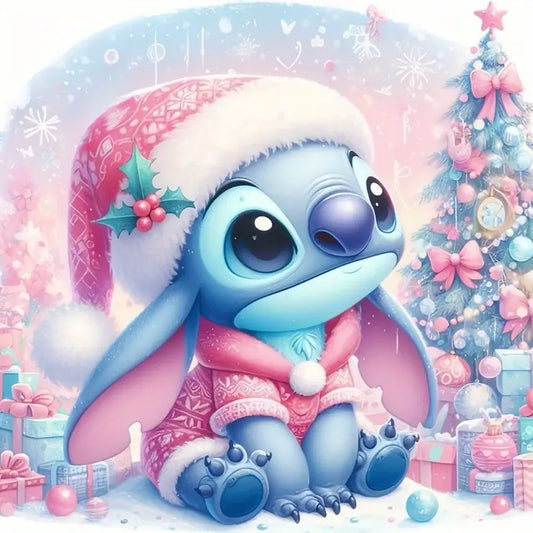 Stitch - Kerst - Kerstmuts - Kerstboom - Pakketjes - Volledig - Ronde steentjes - 20x20cm