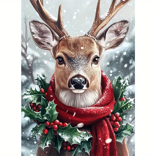 Kerst - Hert - Sjaal om - Sneeuw - Volledig - Ronde steentjes - 30x40cm