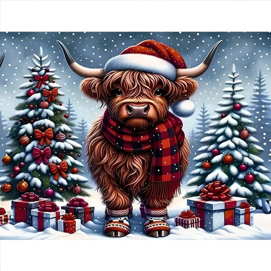 Kerst - Hooglander - In de sneeuw - Kerstmuts - Kerstbomen - Volledig - Ronde steentjes - 30x40cm