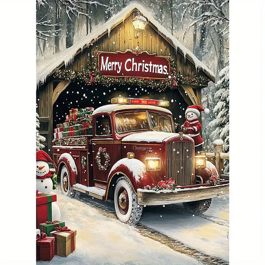 Kerst - Schuur - Truck - Kado - Cadeaus - Sneeupoppen - Volledig - Ronde steentjes - 30x40cm