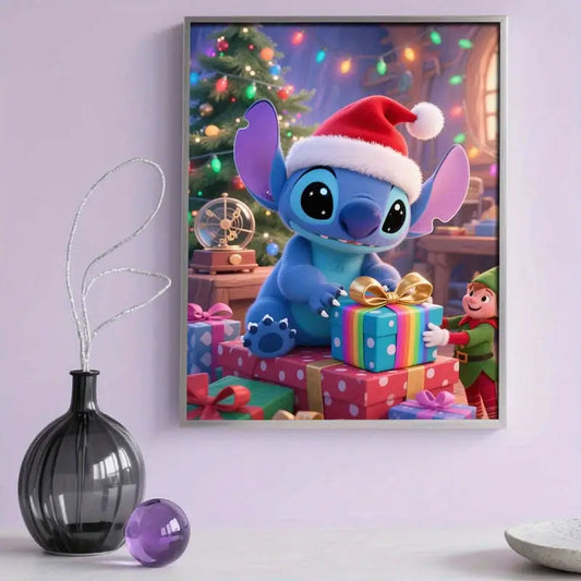 Stitch - Kerst - Kado - Cadeau - Kerstmuts - Kerst Elf - Volledig - Ronde steentjes - 30x40cm