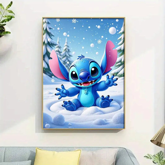 Stitch - Kerst - Dennebomen - Sneeuw - Sneeuwvlokken - Sneeuwpret - Volledig - Ronde steentjes - 30x40cm