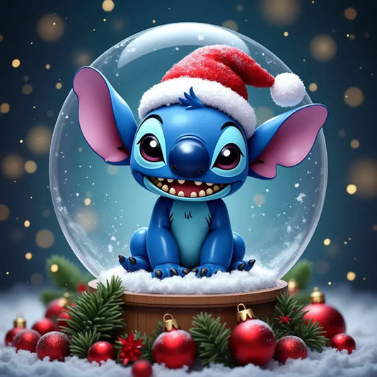 Stitch - Kerst - Kerstmuts - Sneeuwglobe - Volledig - Ronde steentjes - 40x40cm