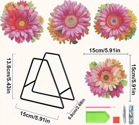 4 Stuks - Onderzetters/placemat - Bloemen - Volledig - Ronde steentjes - 15x15cm