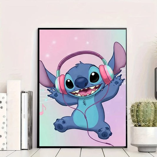 Stitch - Koptelefoon - Vrolijk - Muziek - Muzieknoten - Volledig - Ronde steentjes - 30x40cm