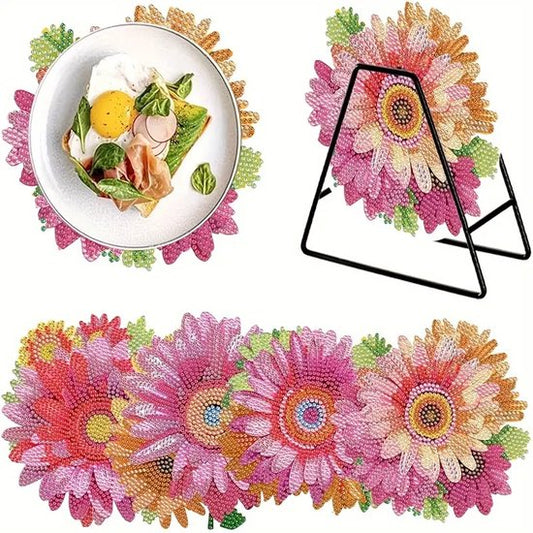 4 Stuks - Onderzetters/placemat - Bloemen - Volledig - Ronde steentjes - 15x15cm