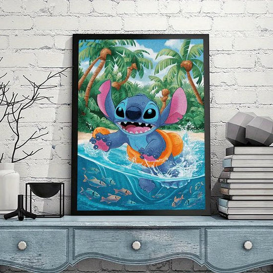 Stitch - Zee - Waterpret - Zwemband - Vissen - Palmbomen - Volledig - Ronde steentjes - 30x40cm