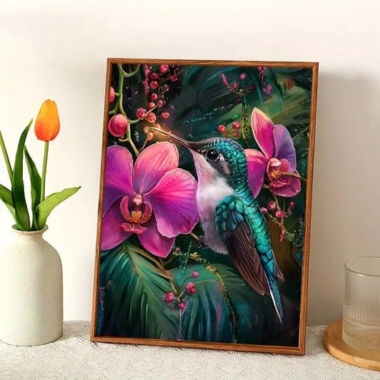 Kolibrie - Roze bloemen - Volledig - Ronde steentjes - 30x40cm