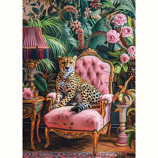 Luipaard - Stoel - Jungle behang - Lamp - Volledig - Ronde steentjes - 30x40cm