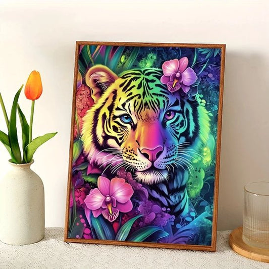 Tijger - Jungle - Bloemen - Kleurrijk - Volledig - Ronde steentjes - 30x40cm