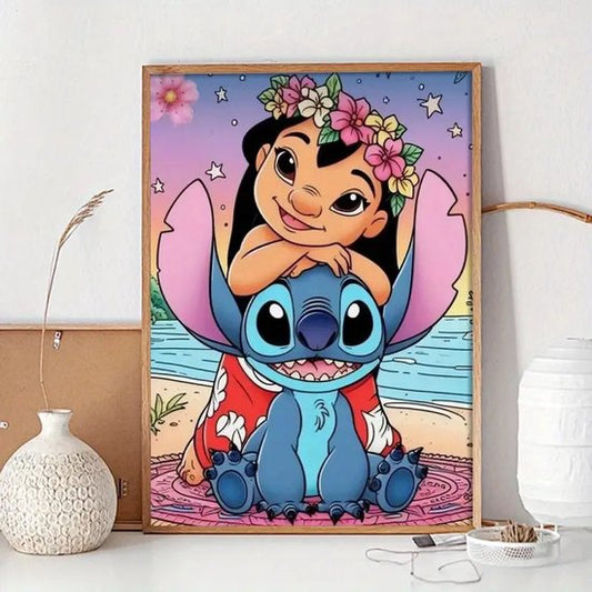 Stitch en Lilo - Samen op het strand - Volledig - Ronde steentjes - 30x40cm