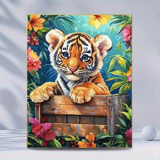 Tijger - Welp - Houten kist - Bloemen - Volledig - Ronde steentjes - 30x40cm