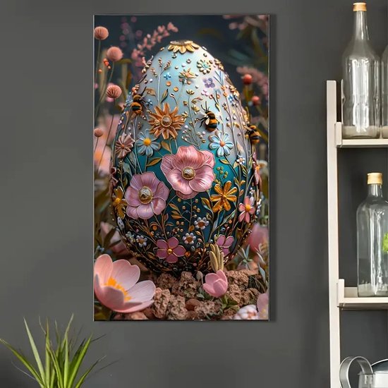 Groot ei Bloemen - Bijen - Volledig - Ronde steentjes - 40x70cm