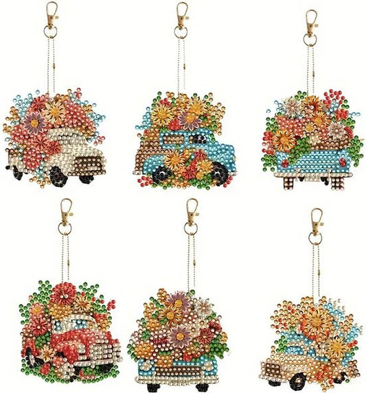 6 stuks - Sleutelhangers - Auto - Bloemen - Volledig - Ronde steentjes