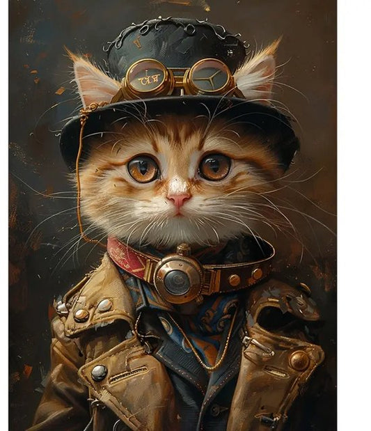 Kat - Hoed - Lederen Jas - Volledig - Ronde steentjes - 30x40cm