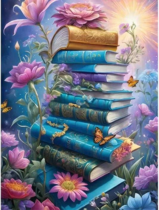 Boeken - Boekenstapel - Lezen - Vlinders - Bloemen - Zon - Volledig - Ronde steentjes - 30x40cm