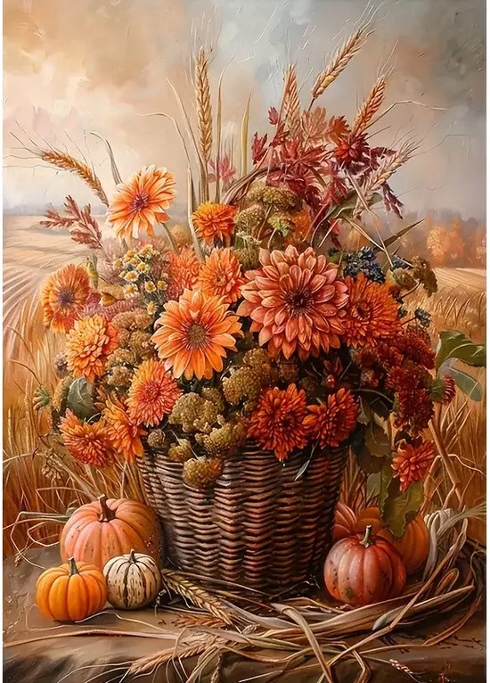 Bloemen - Mand - Pompoen - Volledig - Ronde steentjes - 30x40cm
