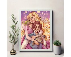 Rapunzel - Flynn Rider - Pascal - Lang haar - Bloemen - Volledig - Ronde steentjes - 30x40cm