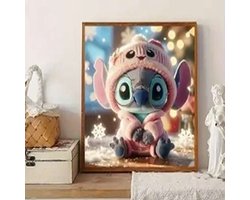 Stitch - Kerst - Roze - Sneeuwvlokken - Volledig - Ronde steentjes - 30x30cm