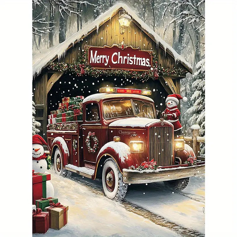 Kerst - Schuur - Truck - Kado - Cadeaus - Sneeupoppen - Volledig - Ronde steentjes - 30x40cm