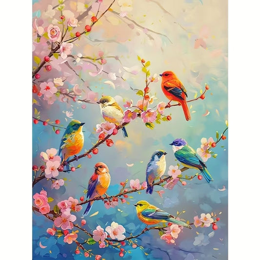 Zangvogels op bloesemtakken - Bloemen - Vogels - Volledig - Ronde steentjes - 30x40cm