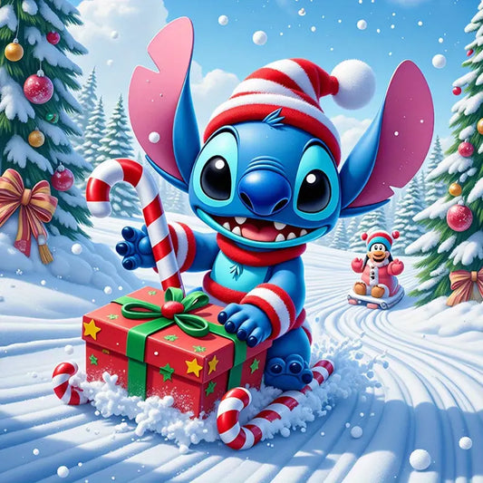 Stitch - Kerst- Slee - Sneeuw - Kado - Cadeau - Volledig - Ronde steentjes - 30x30cm