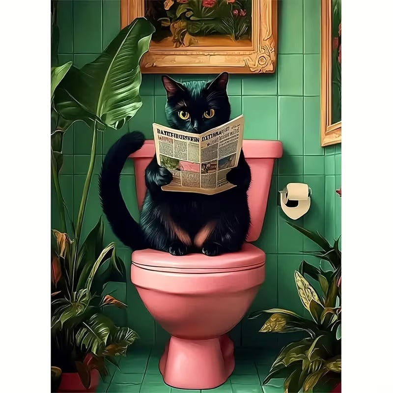 Kat op wc - Krant - Humor - Volledig - Ronde steentjes - 30x40cm