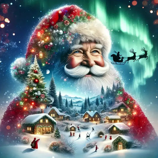 Kerst - Kerstman - Noorderlicht - Kerstdorp - Slee - Volledig - Ronde steentjes - 40x40cm