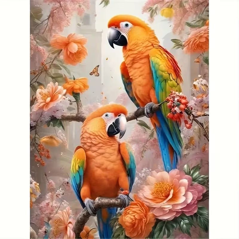 Papegaaien op tak - Volledig - Ronde steentjes - 30x40cm