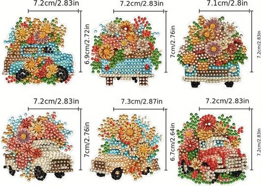 6 stuks - Sleutelhangers - Auto - Bloemen - Volledig - Ronde steentjes