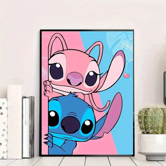 Stitch - Angel - Blauw - Roze - Hartje - Volledig - Ronde steentjes - 30x40cm