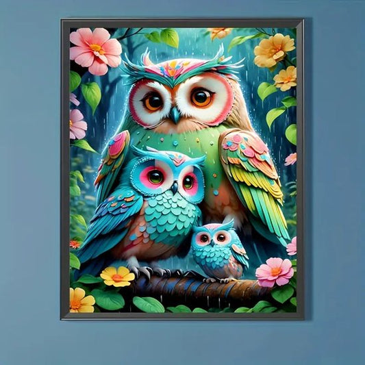 Uilen - Moeder uil - Bos - Familie - Volledig - Ronde steentjes - 30x40cm