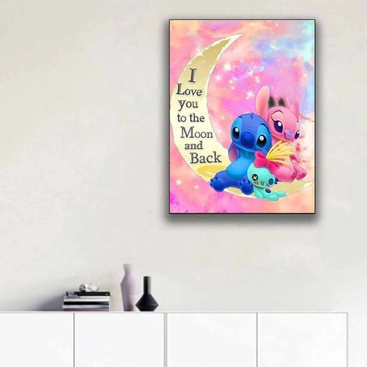 Stitch - Angel - Scrump - I love you to the moon and back - Volledig - Ronde steentjes - 30x40cm