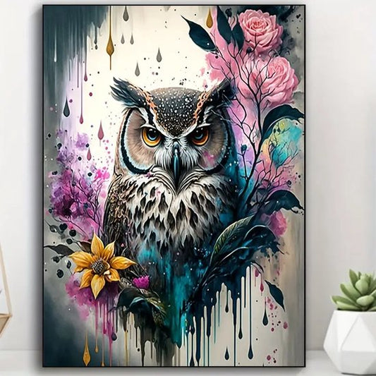 Uil - Bloemen - Kleuren - Volledig - Ronde steentjes - 30x40cm