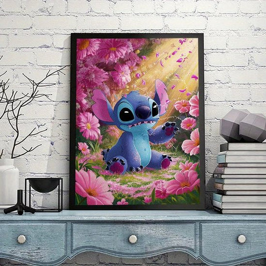 Stitch - In het gras - Roze bloemen - Zonnestralen - Volledig - Ronde steentjes - 30x40cm