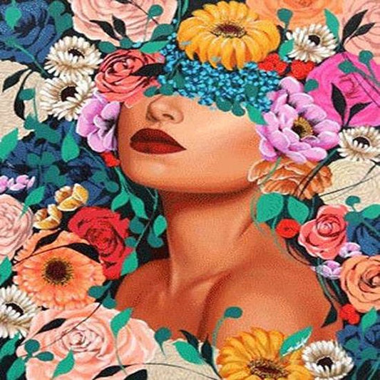 Vrouw met bloemen in het gezicht - Volledig - Ronde steentjes - 50x40