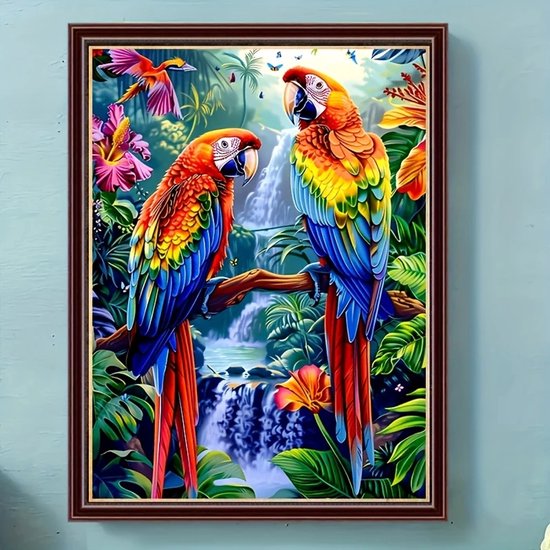 Papegaaien - Gekleurd - Waterval - Volledig - Ronde steentjes - 30x40cm