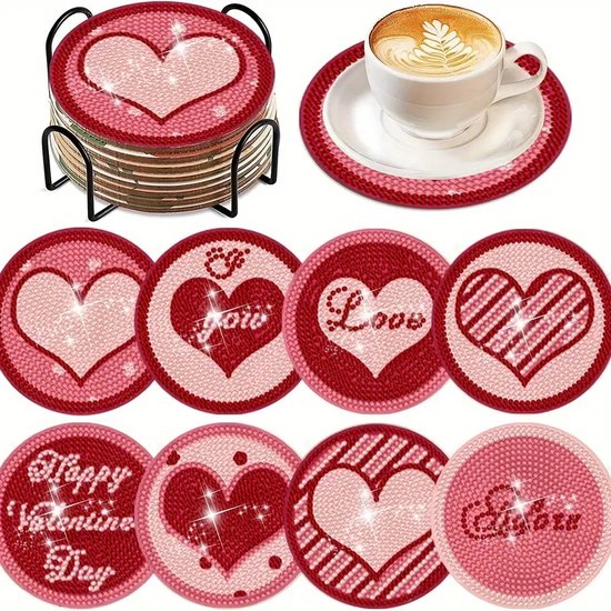Onderzetter - 8 Stuks - Met houder - Valentijn - Hartjes - Liefde - Love - Happy valentine - Volledig - Ronde steentjes - 10x10cm