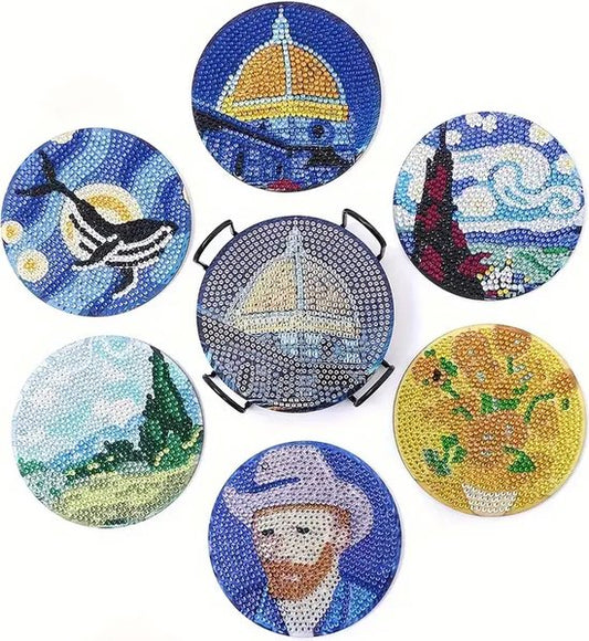 Onderzetters met houder - 6 Stuks - Van Gogh - Volledig - Ronde steentjes -10x10cm