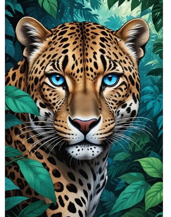 Luipaard - Jungle - Blauwe ogen - Volledig - Ronde steentjes - 30x40cm