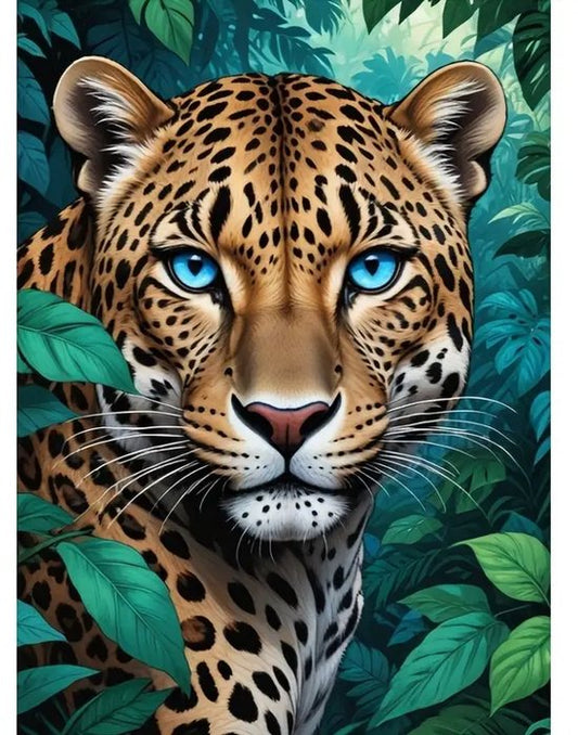 Luipaard - Jungle - Blauwe ogen - Volledig - Ronde steentjes - 30x40cm