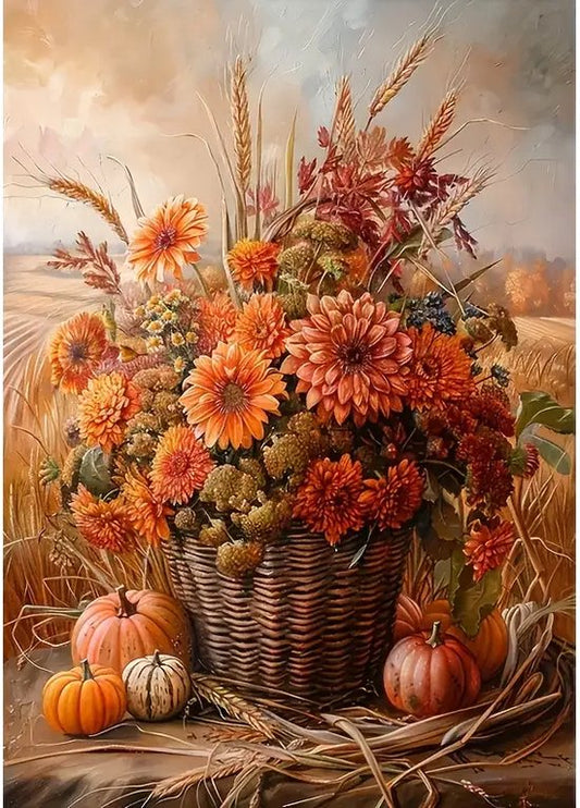 Bloemen - Mand - Pompoen - Volledig - Ronde steentjes - 30x40cm