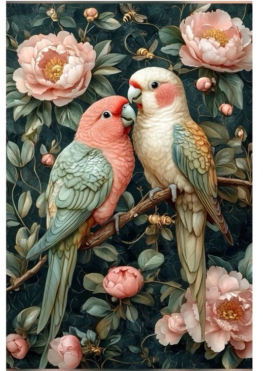 Love Birds - Tak - Bloemen en Bladeren - Volledig - Ronde steentjes - 30x40cm